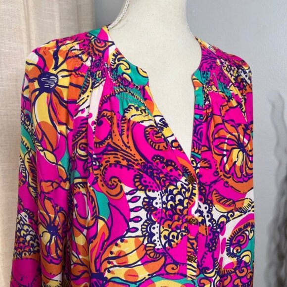 Lilly Pulitzer Elsa Silk Top Sea and Be Seen Pink Blue Blouse Women's Size Large - Picture 5 of 11